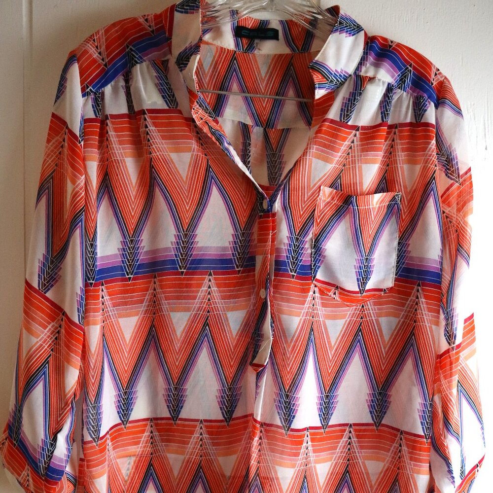 Bright Orange Red Chevron Sheer Tunic CALC Womens Medium Boho Southwestern